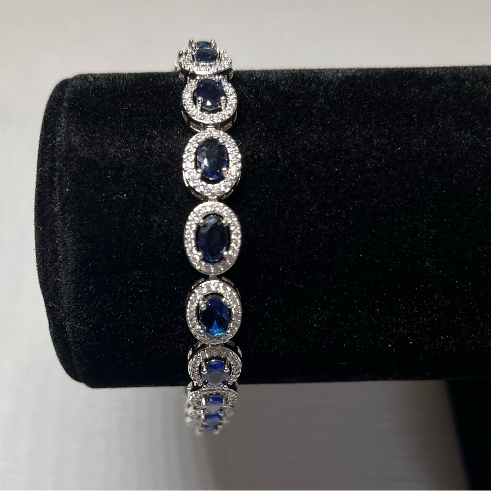 Elegant Silver & Blue Gemstone Tennis Bracelet. 
Faux sapphire and diamond.